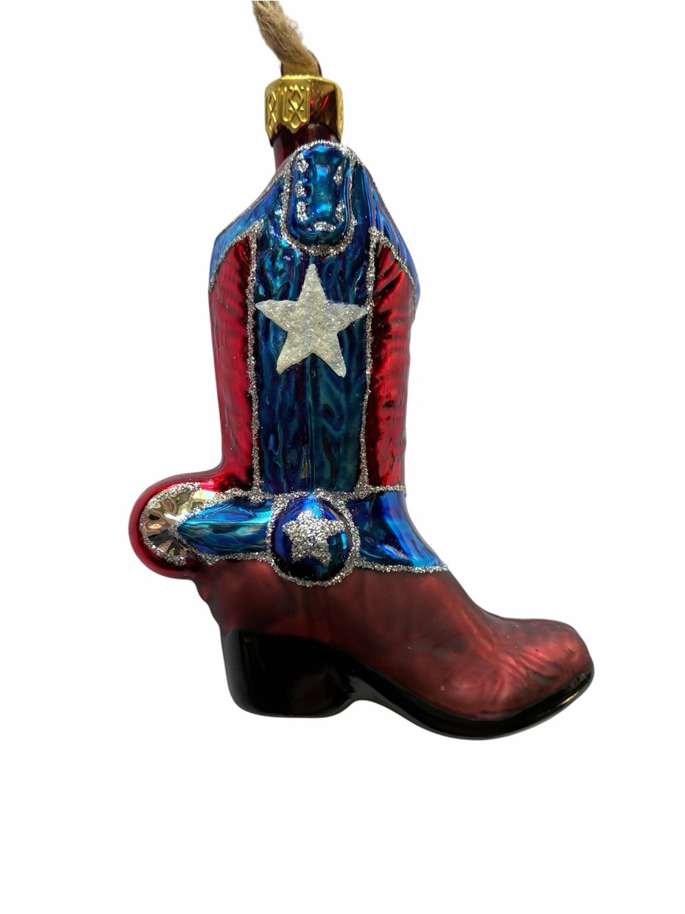 Patriotic Red & Blue Cowboy Boot Glass Ornament